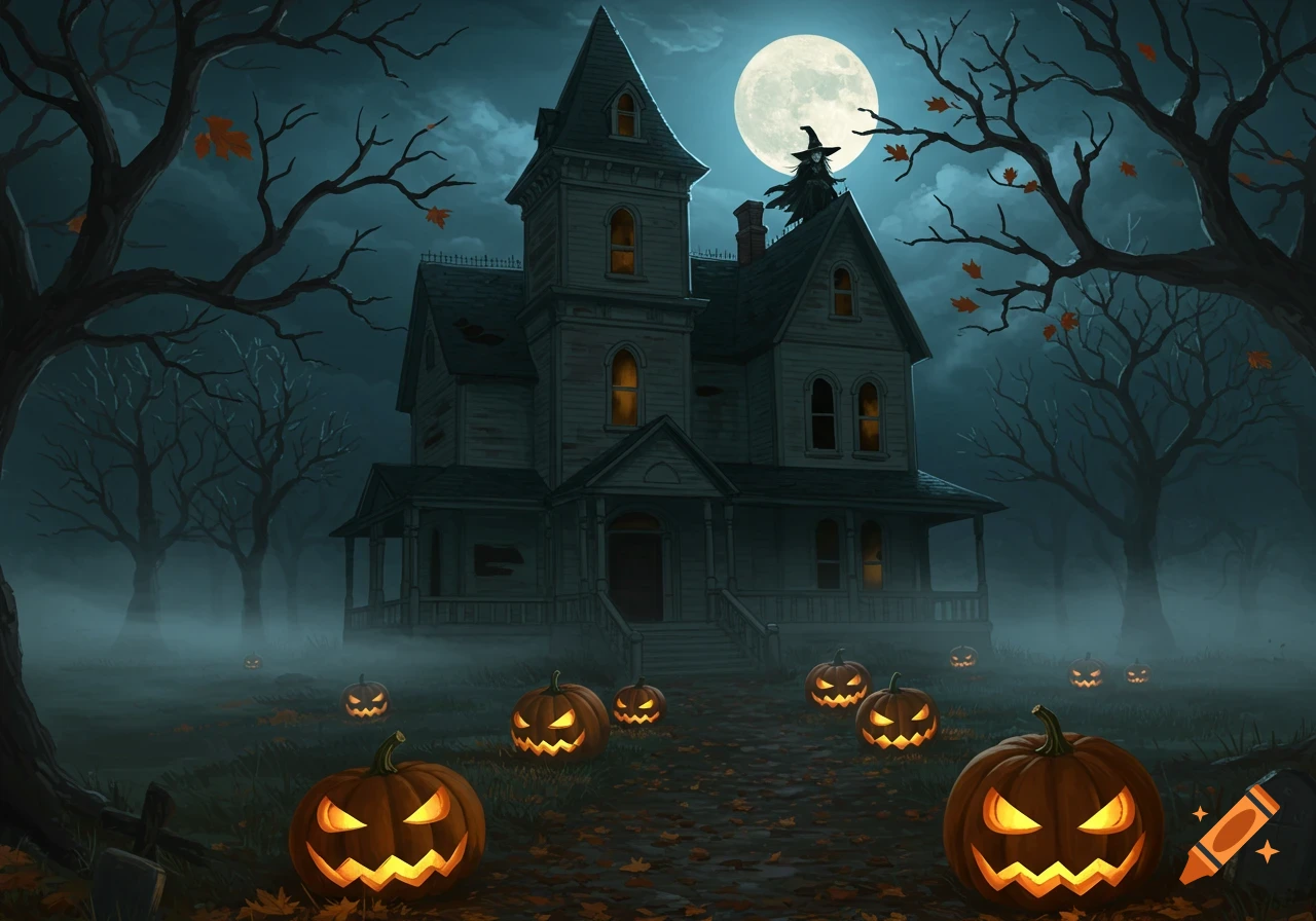A spooky haunted house with a witch on the roof and glowing jack-o'-lanterns in a foggy, moonlit Halloween night.