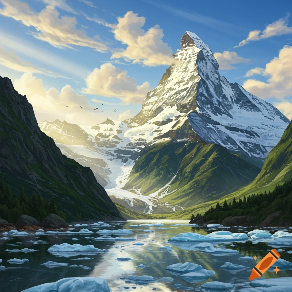 Majestic snow-capped mountain overlooking a serene lake with ice floes, surrounded by green valleys under a cloudy sky. Digital art.