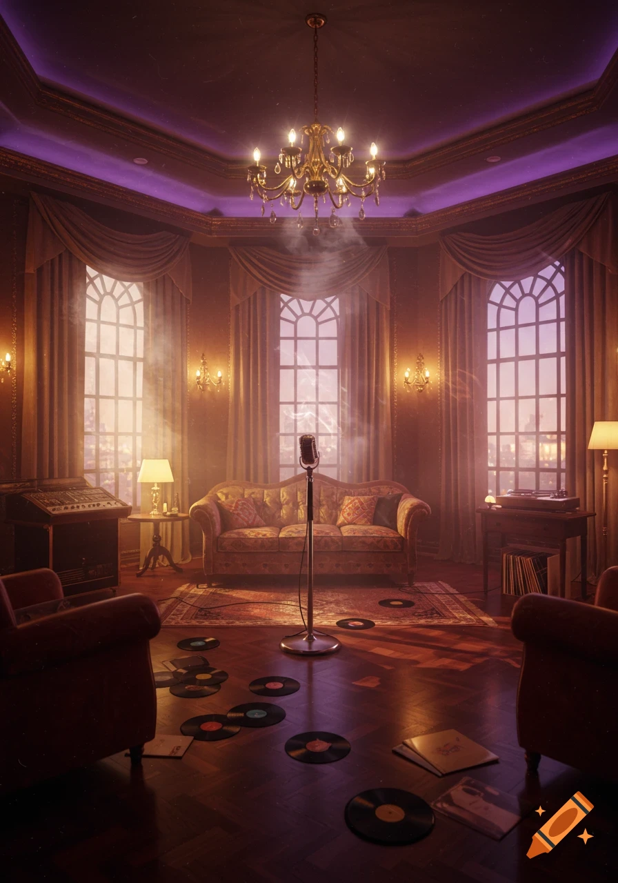 Hazy, vintage R&B studio with a microphone, scattered vinyl records, ornate sofa, and chandelier.