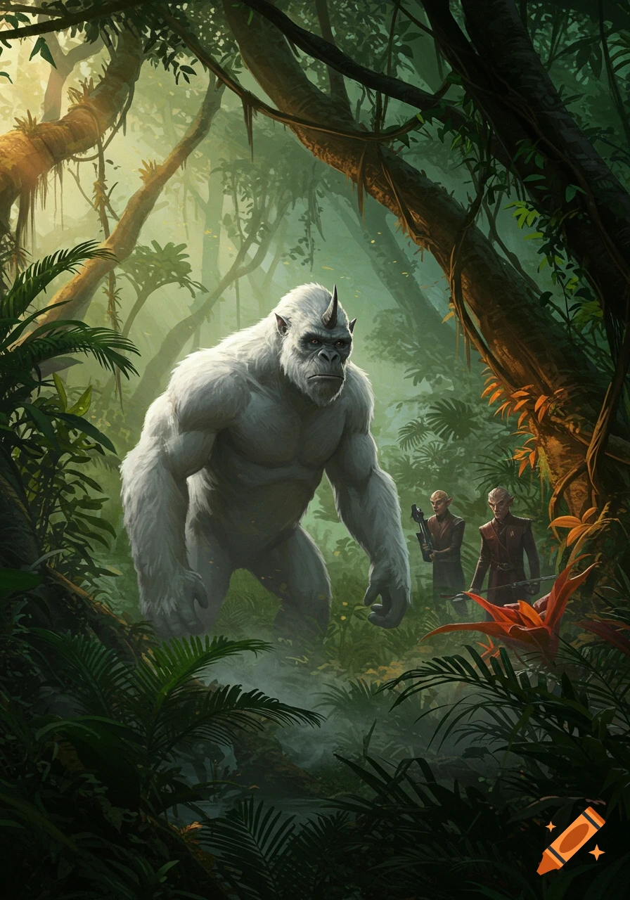 A large, white horned ape-like creature stands in a misty, sunlit jungle, observed by two armed alien figures. Digital painting.