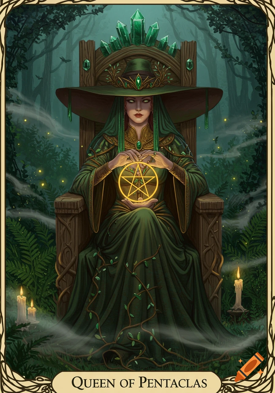 A woman in a green witch's hat and dress sits on an emerald-studded throne in a dark forest, holding a glowing pentagram.