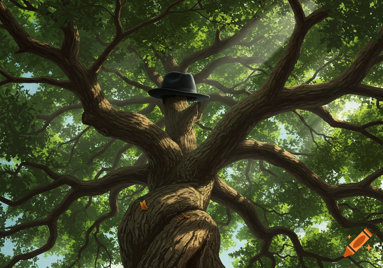 A large, old tree with a black fedora hat perched on its main trunk, viewed from below with sunbeams filtering through its green leaves. Digital art.