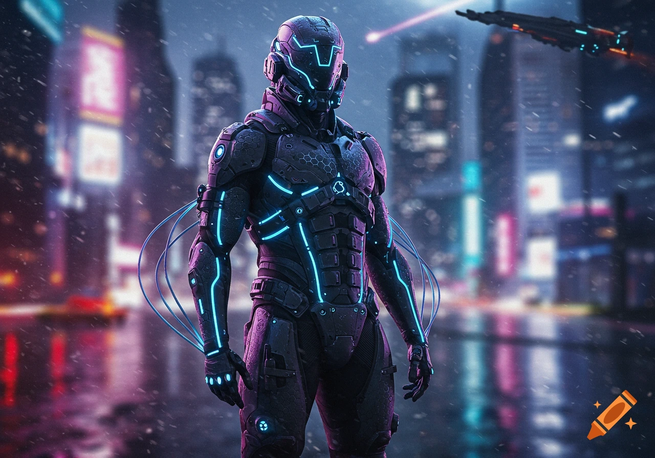 A futuristic cyber soldier in glowing armor stands in a neon-lit cyberpunk city during rainfall.