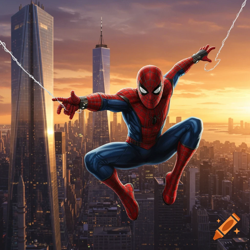 Spider-Man swings through a city skyline at sunset, with tall skyscrapers in the background.