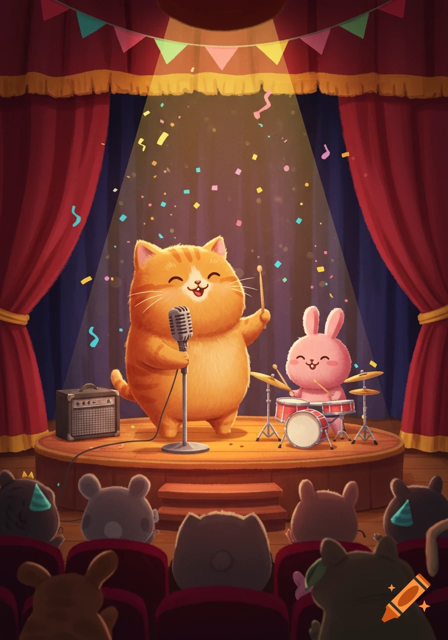 A cute cartoon ginger cat sings into a microphone on stage next to a pink bunny playing drums, with confetti falling.