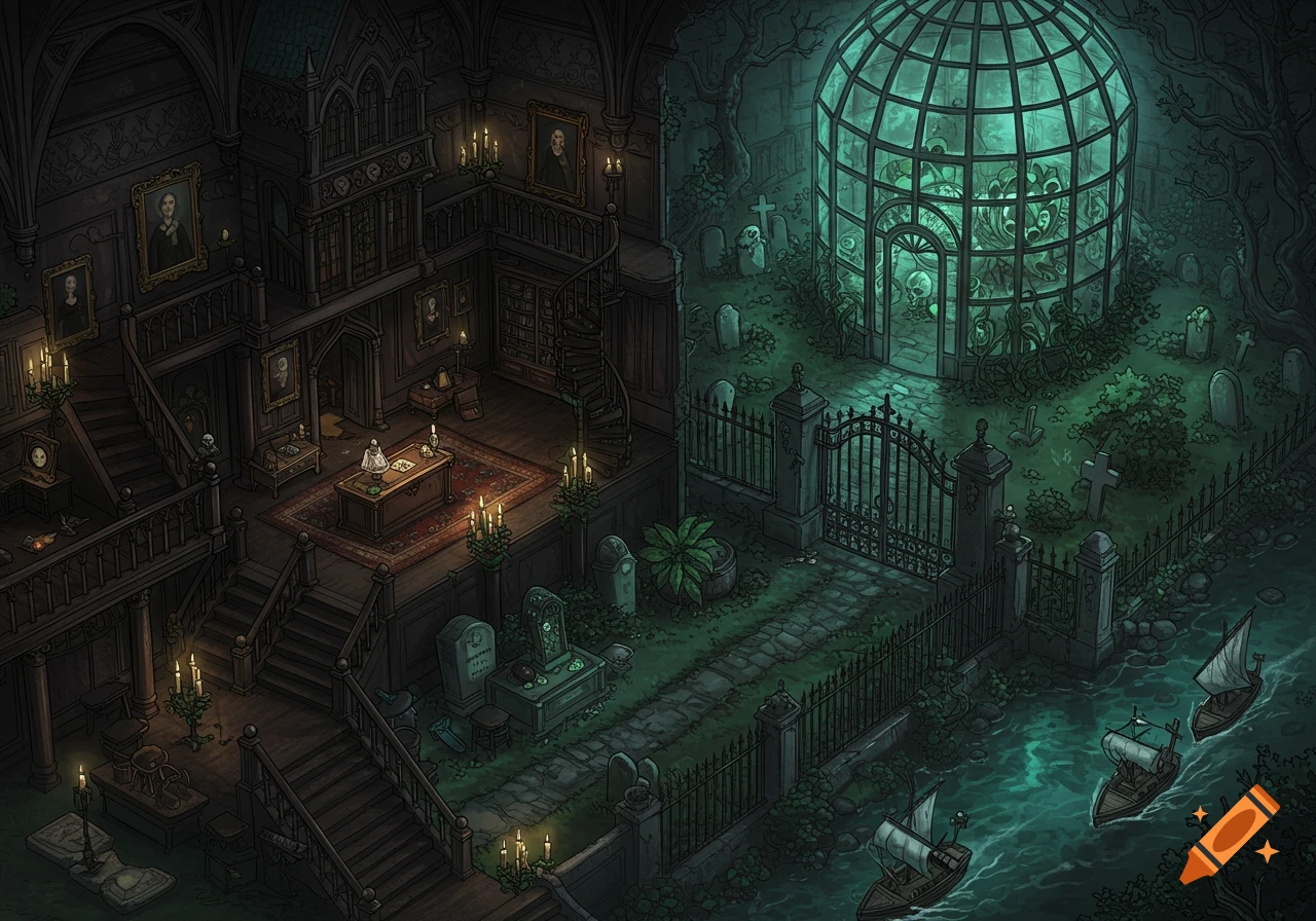 Detailed isometric illustration of a dark gothic mansion next to an eerie graveyard with a large greenhouse, and a river with small boats.