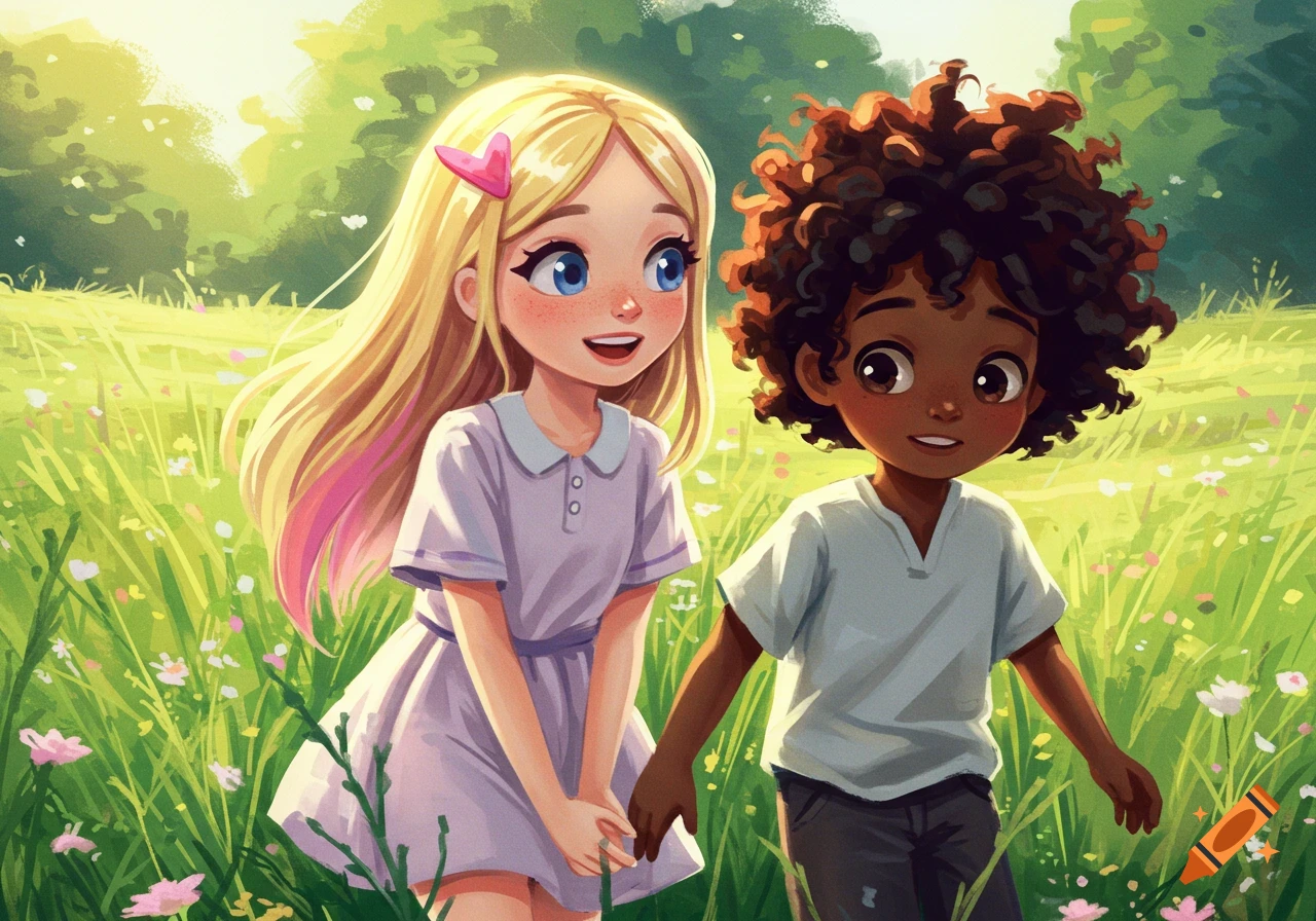 Cartoon illustration of a blonde girl with pink highlights and a boy with curly black hair holding hands in a sunny, green field with wildflowers.