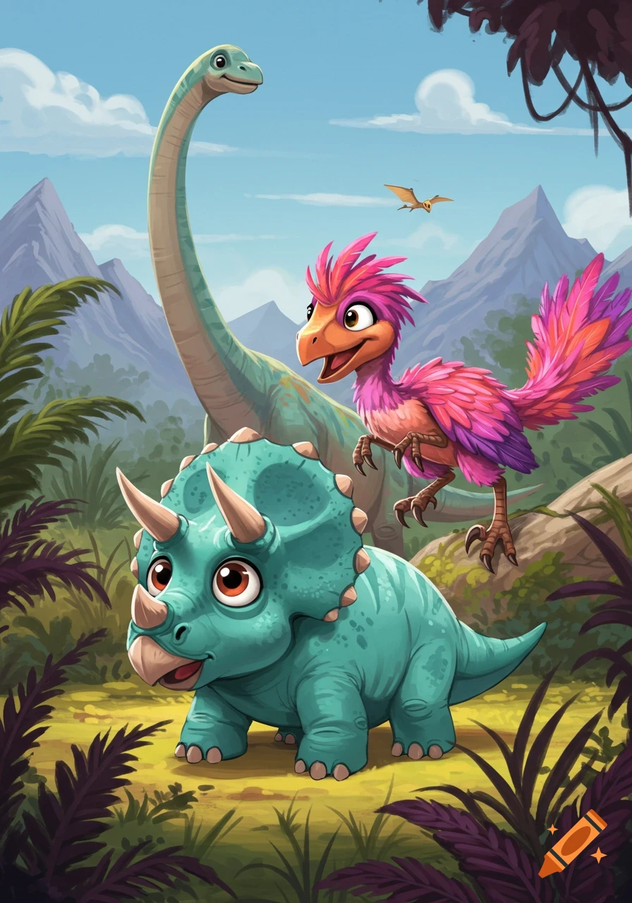 Cute cartoon Triceratops, a pink feathered raptor, and a long-necked dinosaur in a lush prehistoric jungle with mountains.