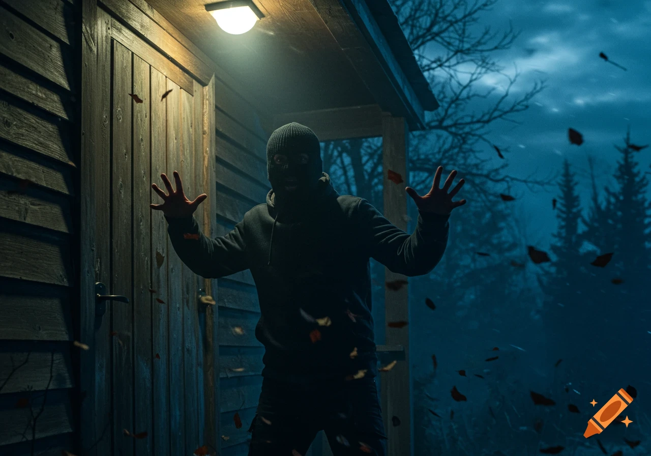 A man in a black ski mask stands frantically waving his hands in a doorway at night, with leaves blowing around him.