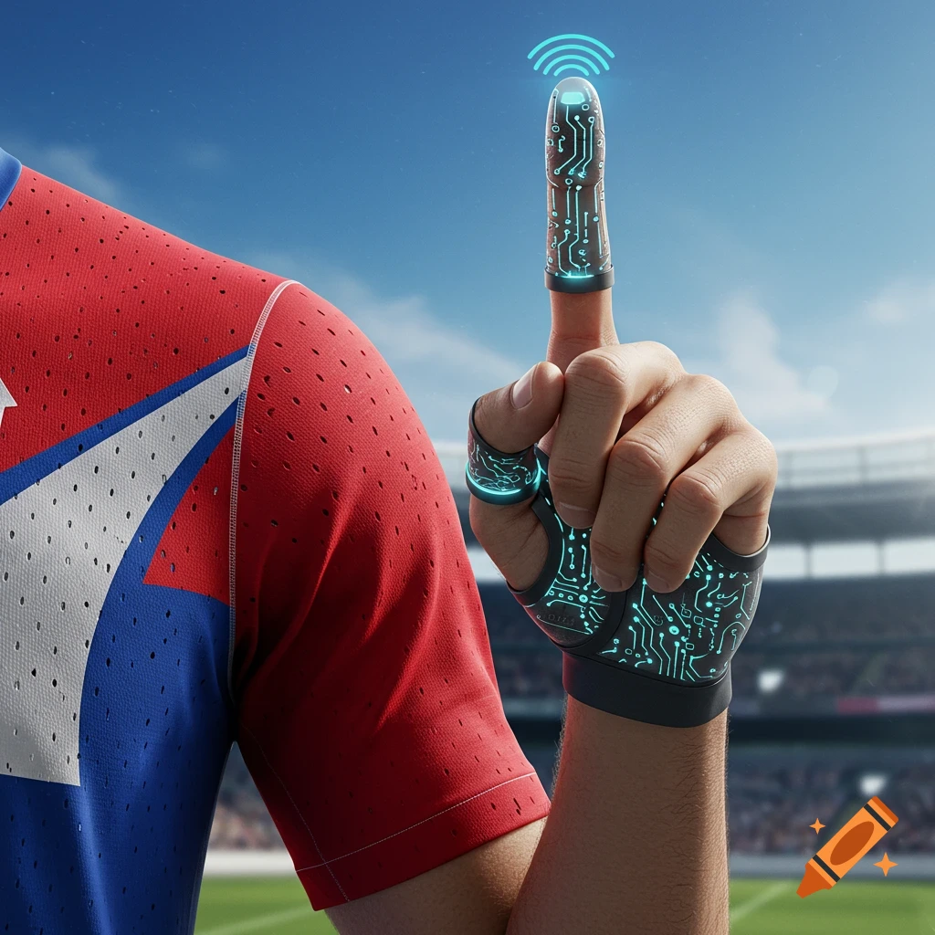 Hand in red and blue sports jersey with futuristic black glove and glowing blue circuit finger sleeve, pointing up with a Wi-Fi icon, in a stadium.