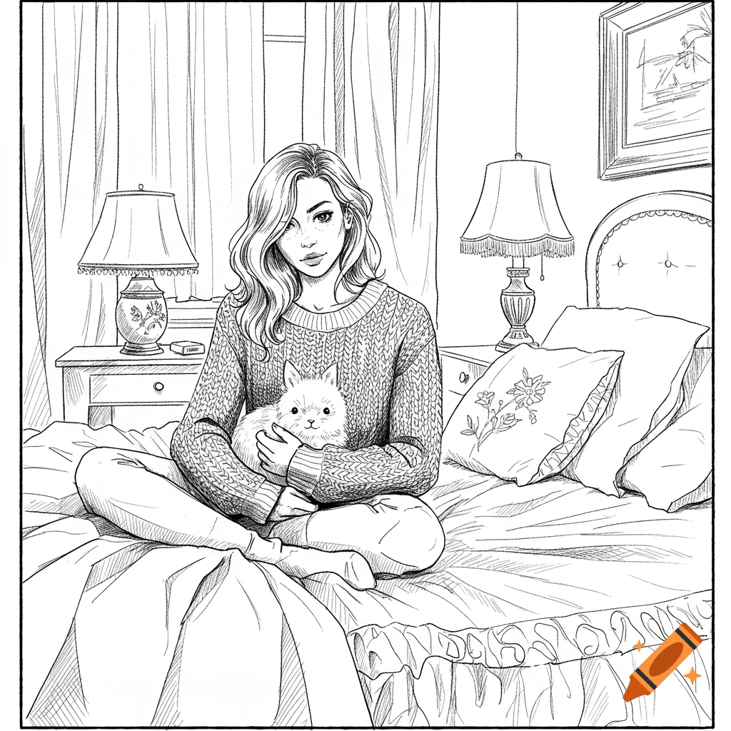 Black and white sketch of a woman in a sweater sitting on a bed, cradling a white pet bunny. A bedroom interior with lamps and curtains.