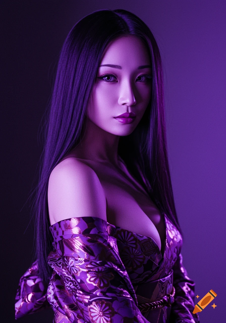 Photorealistic portrait of a woman with long dark hair, purple eyes, and purple lipstick, wearing a purple kimono under purple lighting.
