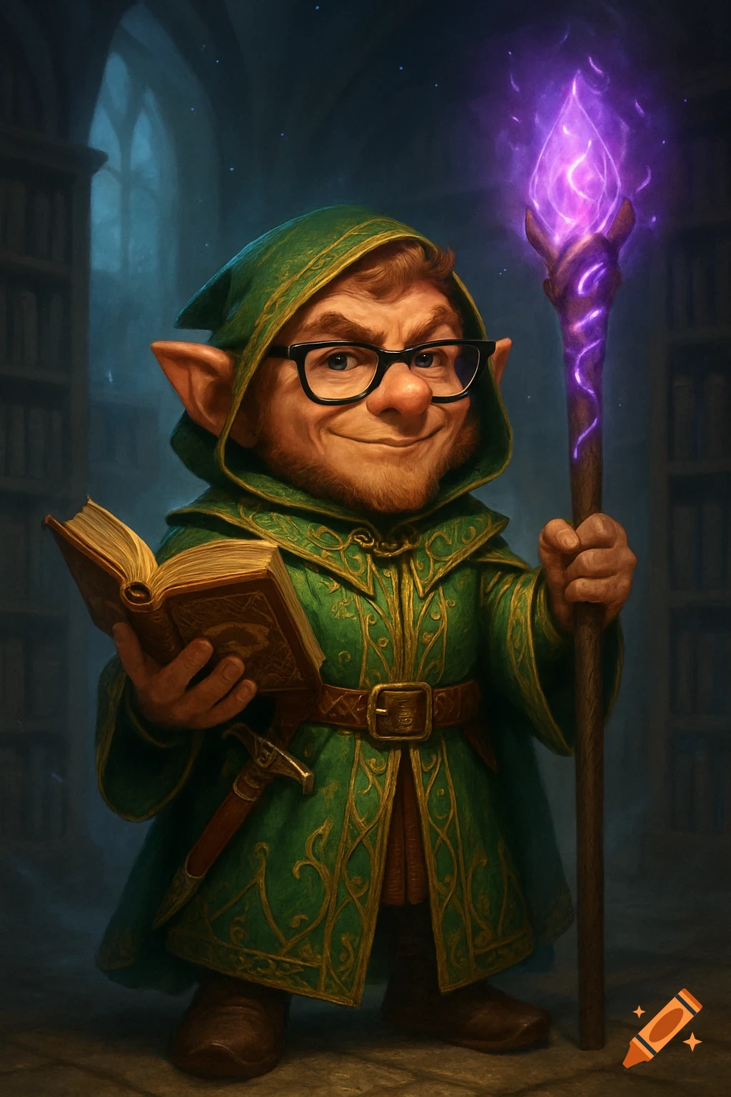 A detailed illustration of a smug D&D gnome wizard in green robes, holding a spellbook and a staff glowing with purple runes.
