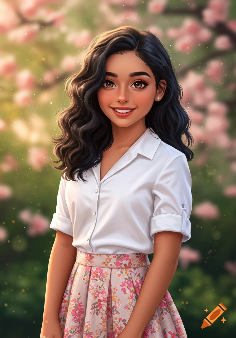 Digital art portrait of a smiling girl with wavy black hair in a white blouse and floral skirt, against a blurred floral background.