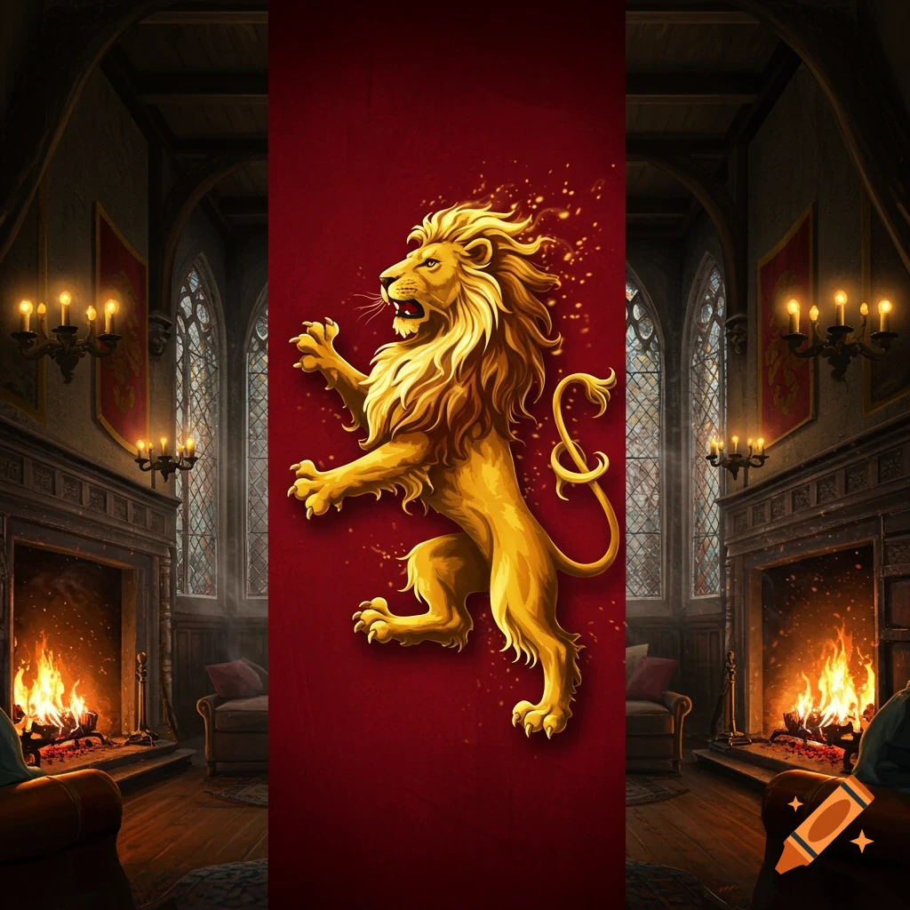 A golden lion rampant on a red banner stands tall in a grand, medieval-style room with roaring fireplaces and large windows.
