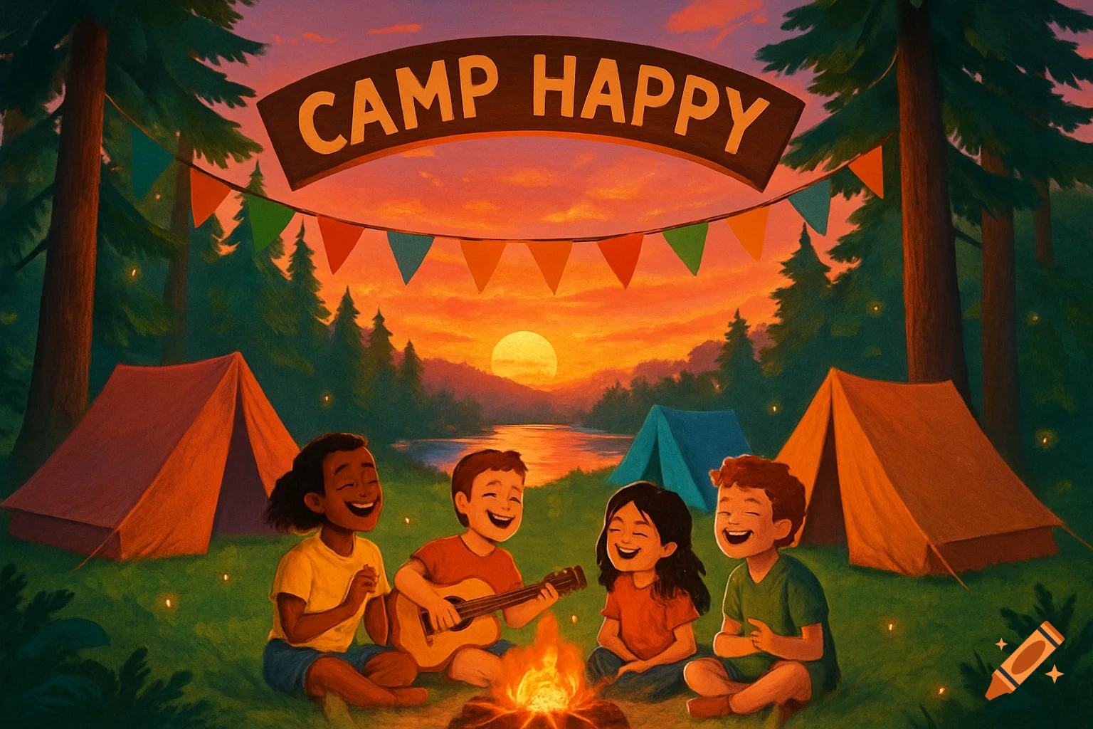 Four happy children sing around a campfire at a forest campsite with tents at sunset, in an illustration style, under a 'CAMP HAPPY' sign.