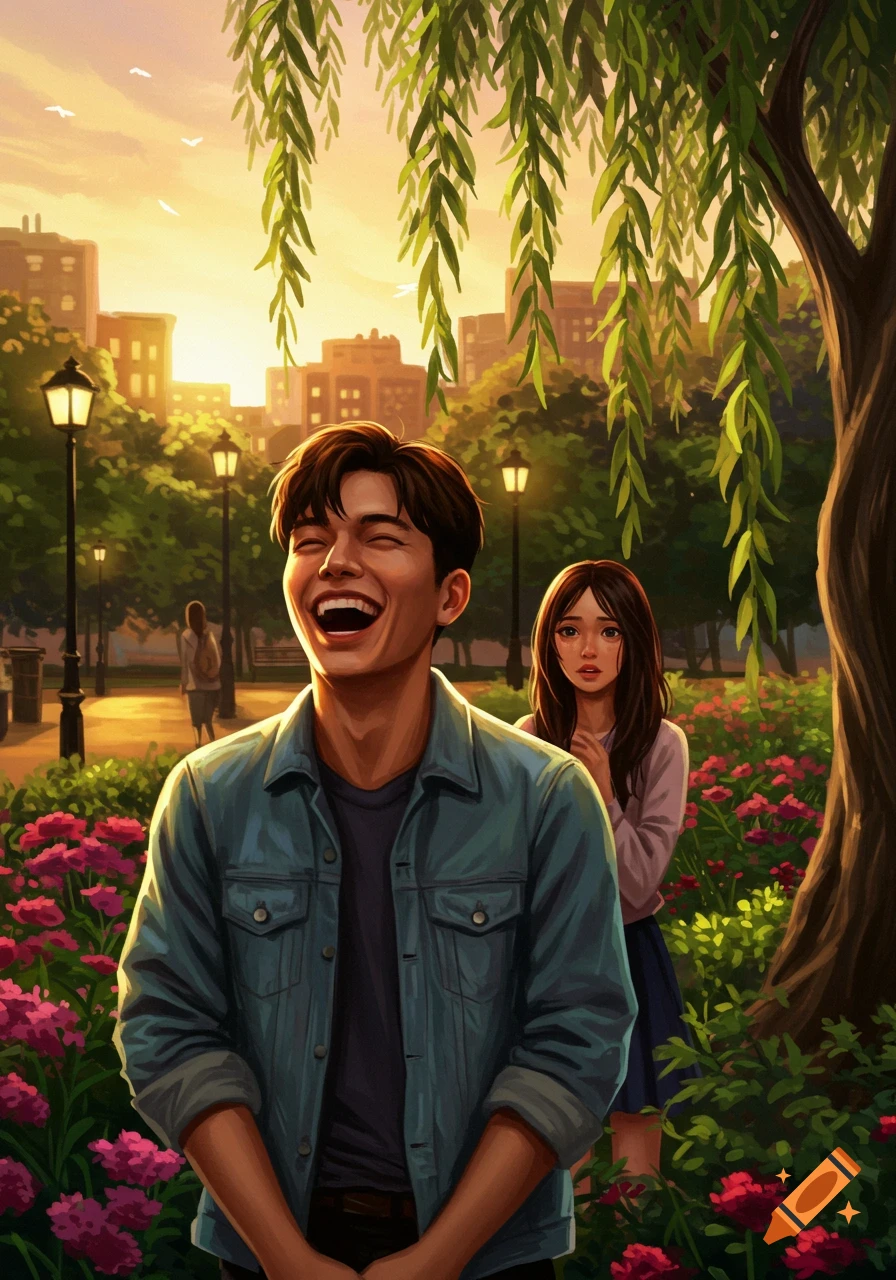 Digital painting of a man laughing in a park with pink flowers, a woman sadly watching him from behind, and a city skyline at sunset.