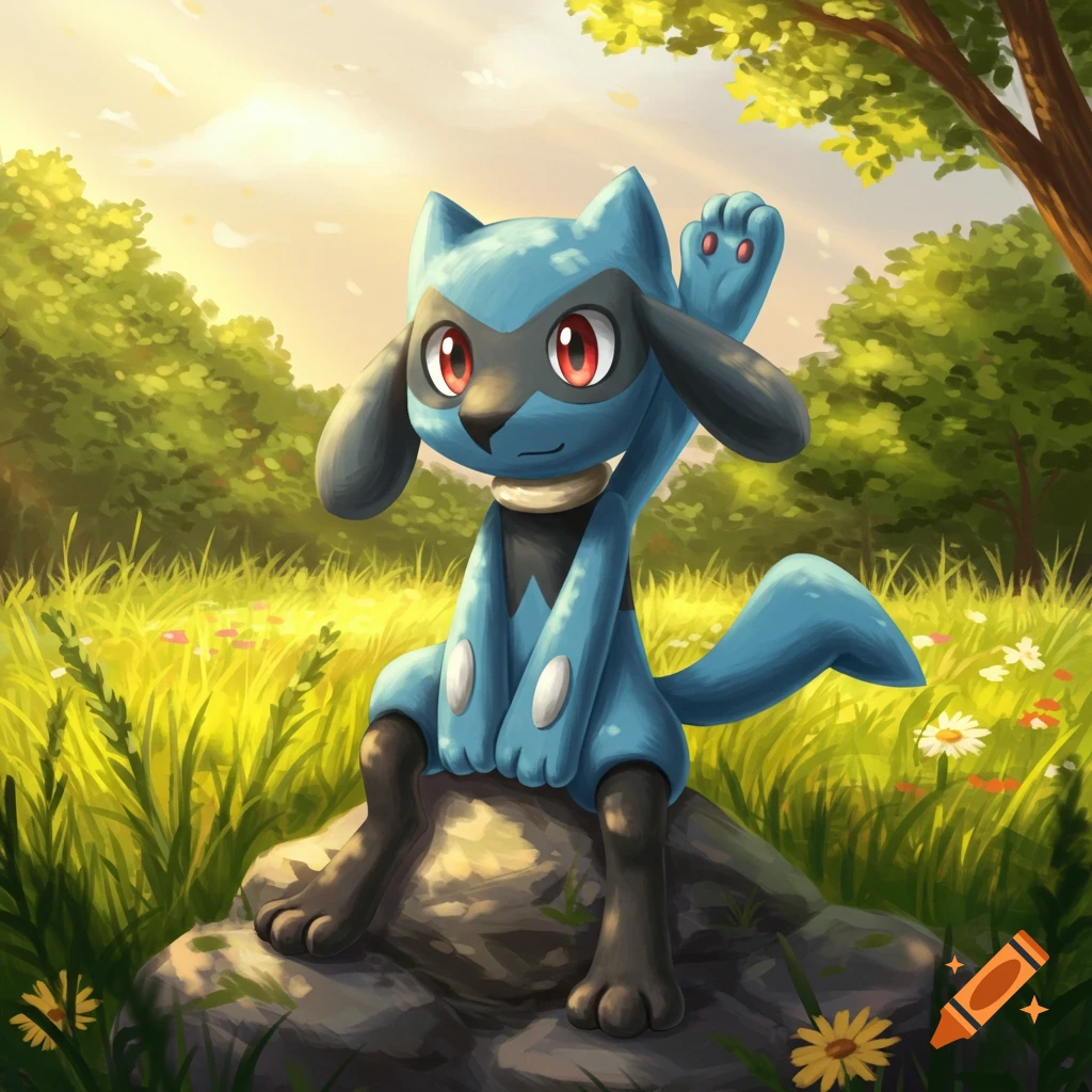 A blue and black Riolu Pokémon sits on a rock in a sunny meadow, raising one paw to show its pads, in a vibrant digital art style.