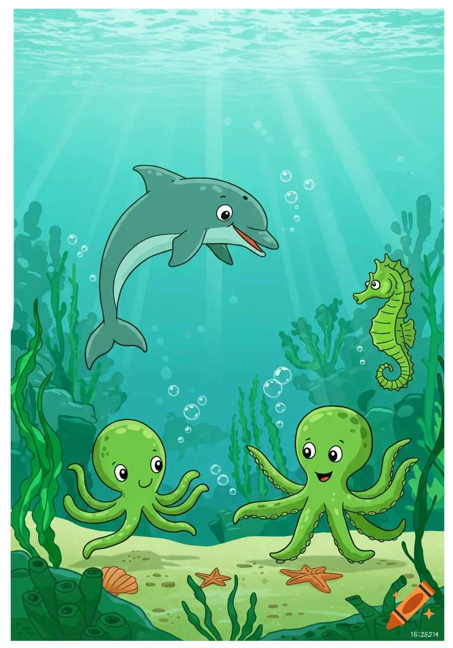 Cartoon underwater scene with a dolphin, two green octopuses, a seahorse, seaweed, and starfish.