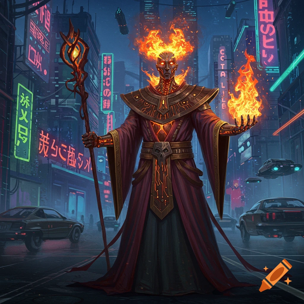 A cybernetic fire wizard with a flaming head and hand stands on a neon-lit cyberpunk city street at night.