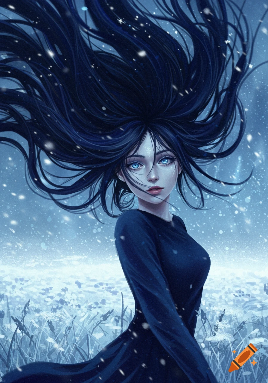 A digital painting of a girl with icy-blue eyes and dark hair flowing upwards in a snowy field.