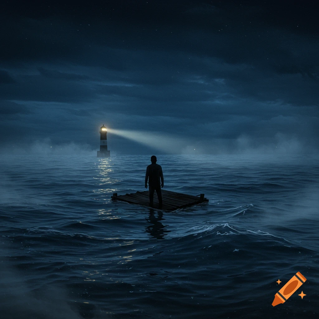 A man on a raft in a stormy sea looks towards a glowing lighthouse under a dark, starry sky. Digital painting.