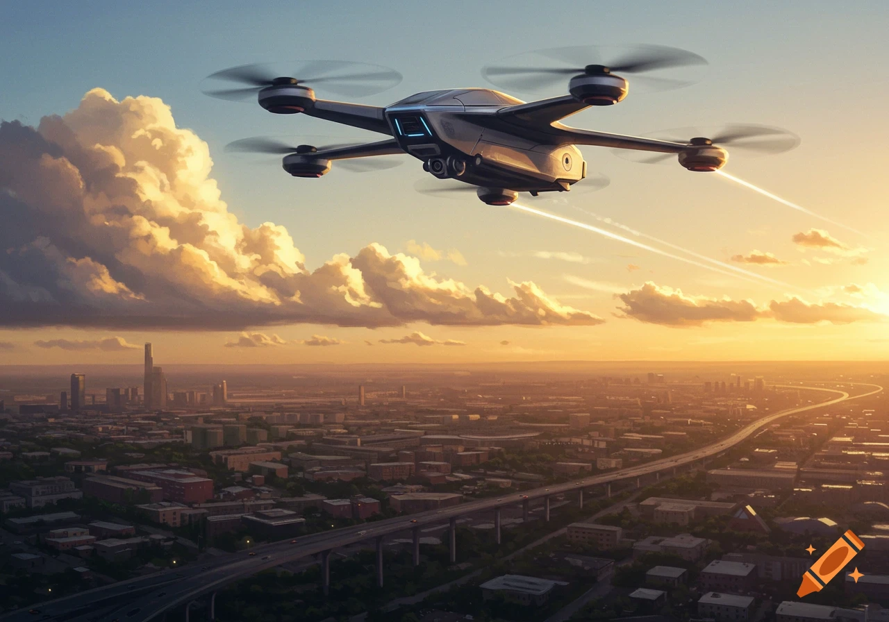 A futuristic drone with glowing accents flies high above a vast city at sunset, with golden clouds.