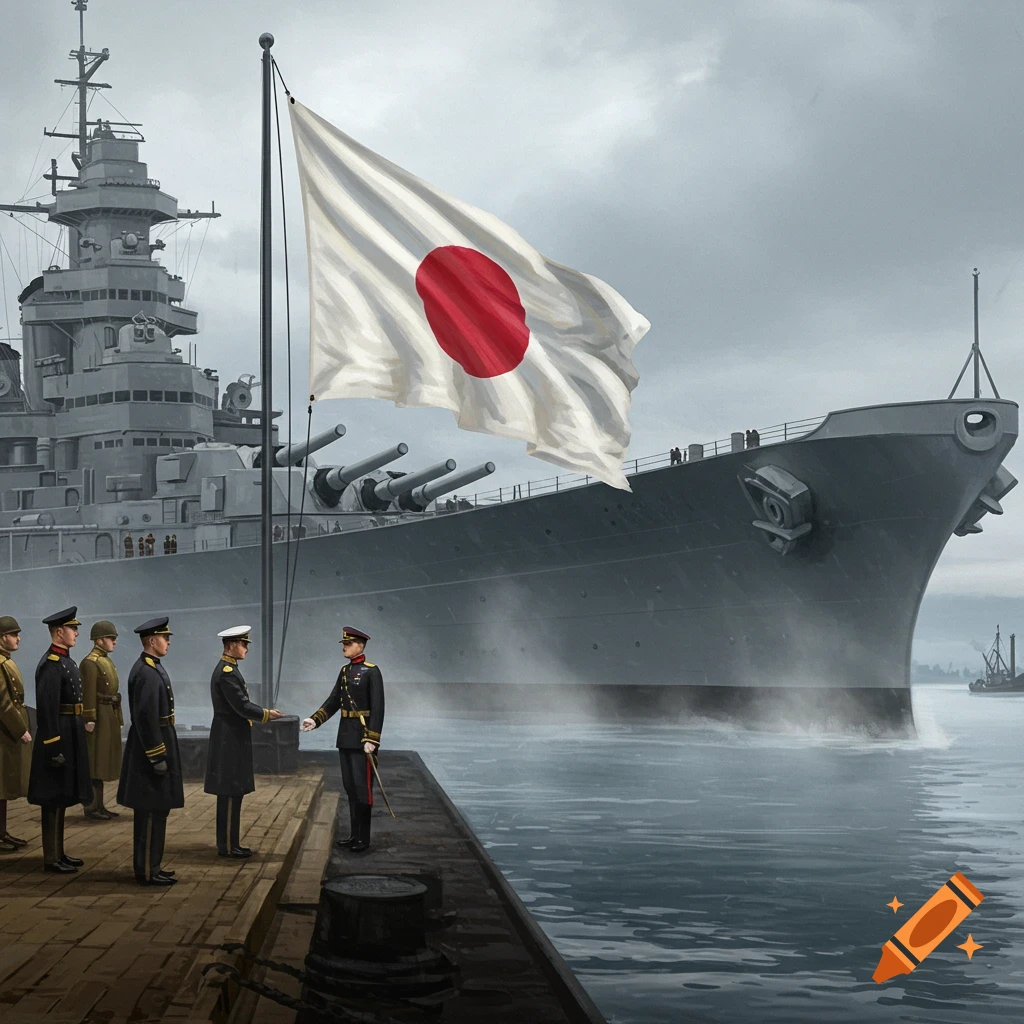 Illustrative scene of Japanese military officers on a pier, with a large battleship and the Japanese flag in the background.
