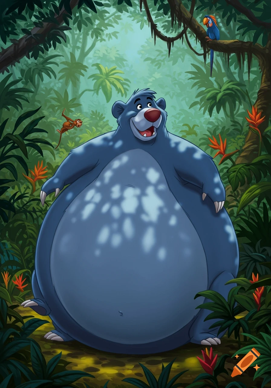 A large, round, blue cartoon bear with a happy face stands in a lush jungle with a monkey and a parrot.