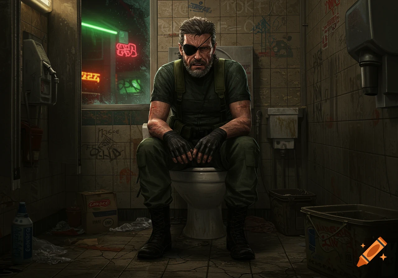 Solid Snake sits on a toilet in a dirty, graffiti-covered bathroom, neon lights glowing outside, in a gritty art style.