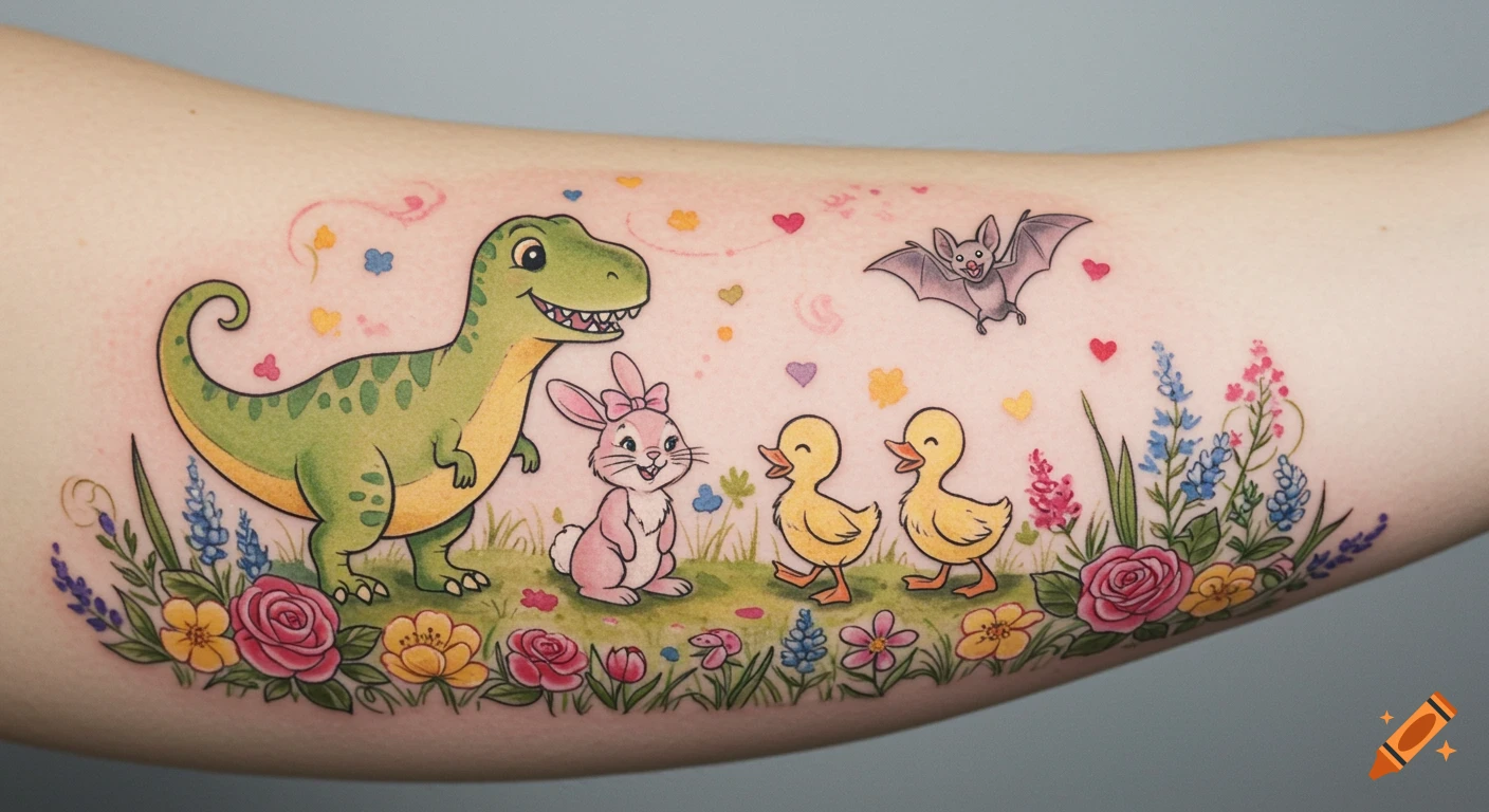 A colorful whimsical tattoo on an arm featuring a green cartoon T-Rex, a pink bunny, two yellow ducklings, and a bat in a field of wildflowers.