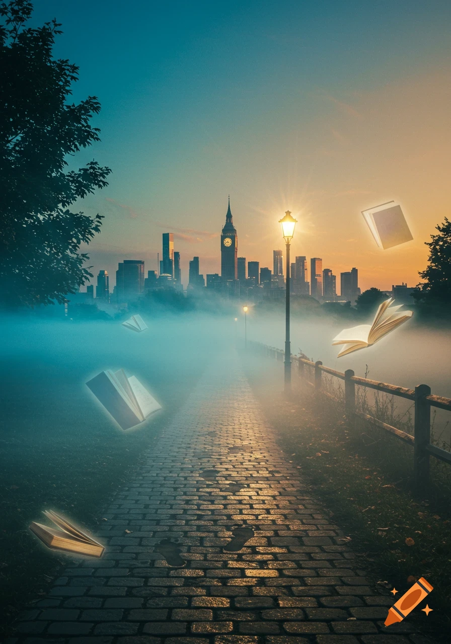A foggy, dreamlike park path with glowing footprints and floating books leads to a city skyline with Big Ben at sunset.