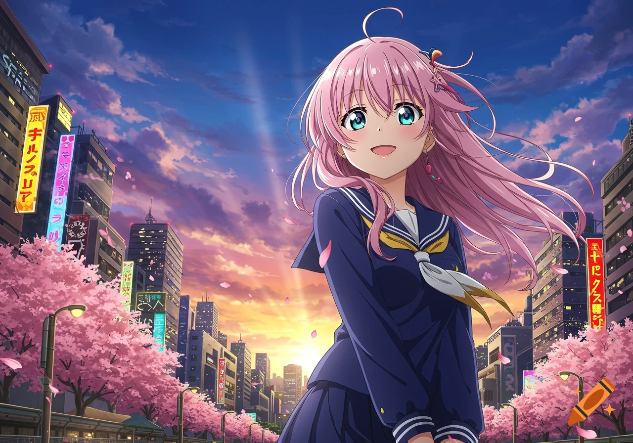 Anime girl smiling in a school uniform, standing in a city street lined with cherry blossom trees under a sunset sky.