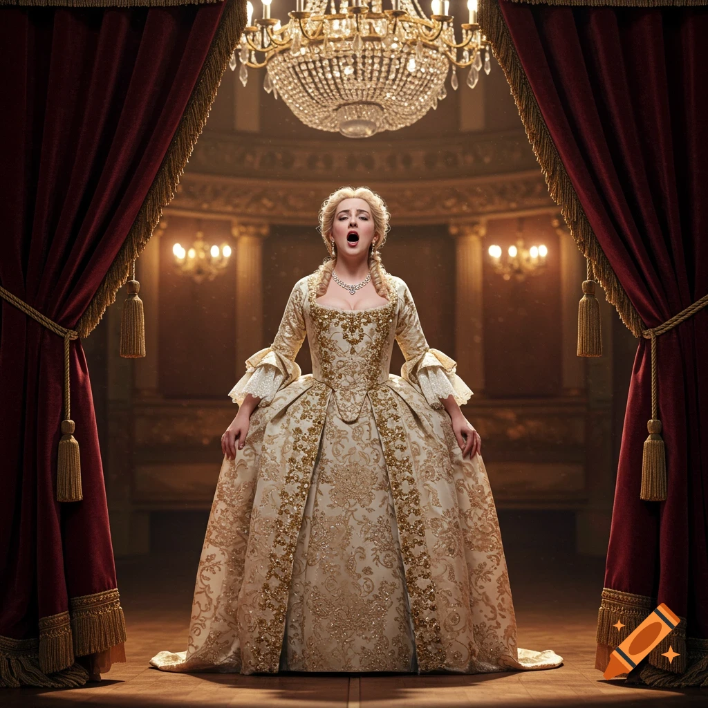 An elegant opera singer in a luxurious 18th-century gown sings on a stage under a grand chandelier.