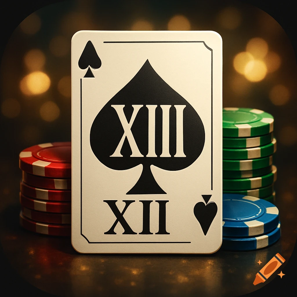A close-up shot of a cream-colored playing card featuring a large black spade symbol with the Roman numeral XIII in its center. The card has a small black spade in the top left corner and a small black heart with the Roman numeral XII below it in the bottom right corner. Stacks of red, green, and blue casino chips are blurred in the background, creating a casino-like atmosphere.