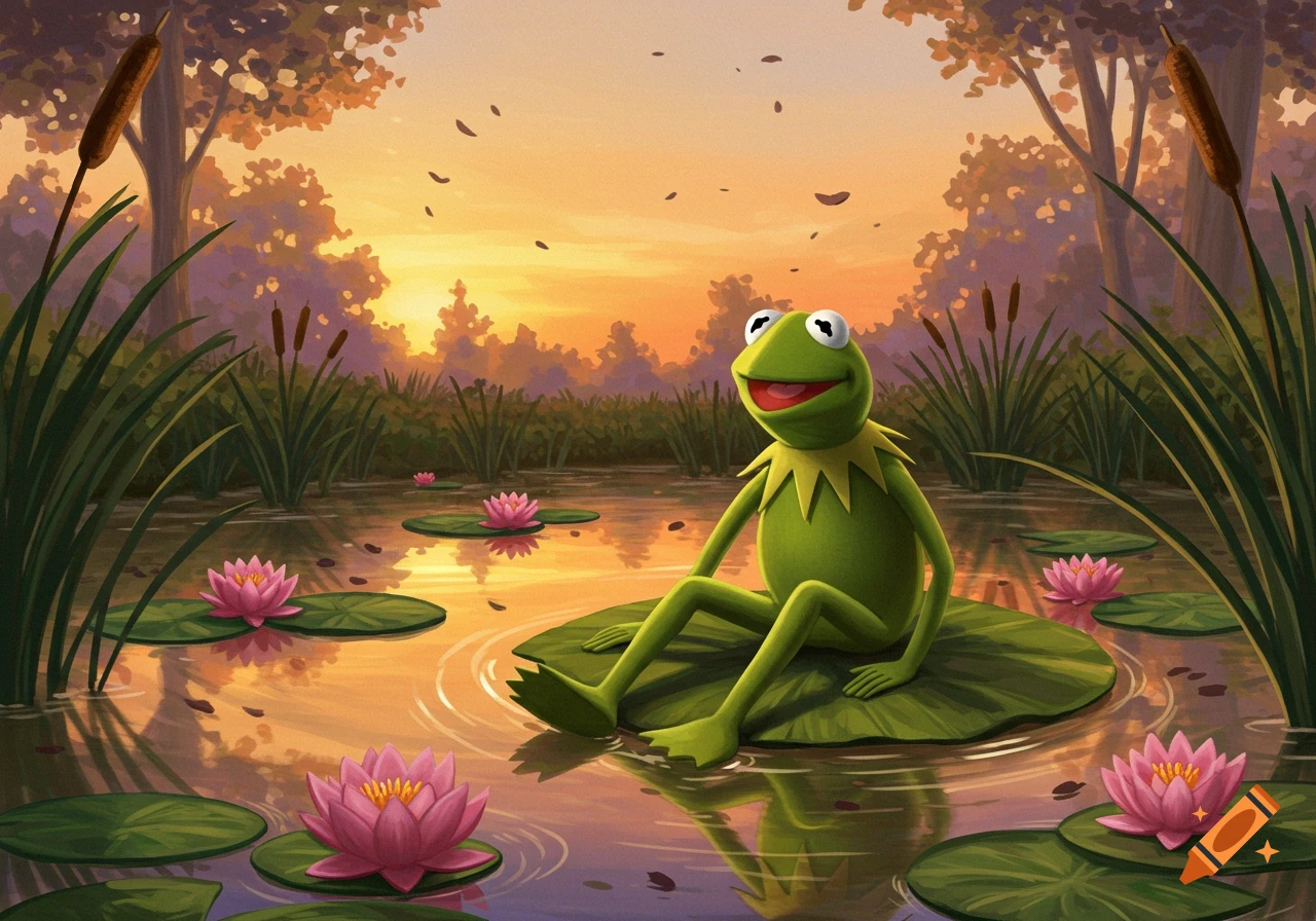 Kermit the Frog sits on a large lily pad in a serene pond with pink water lilies at sunset, surrounded by tall reeds.