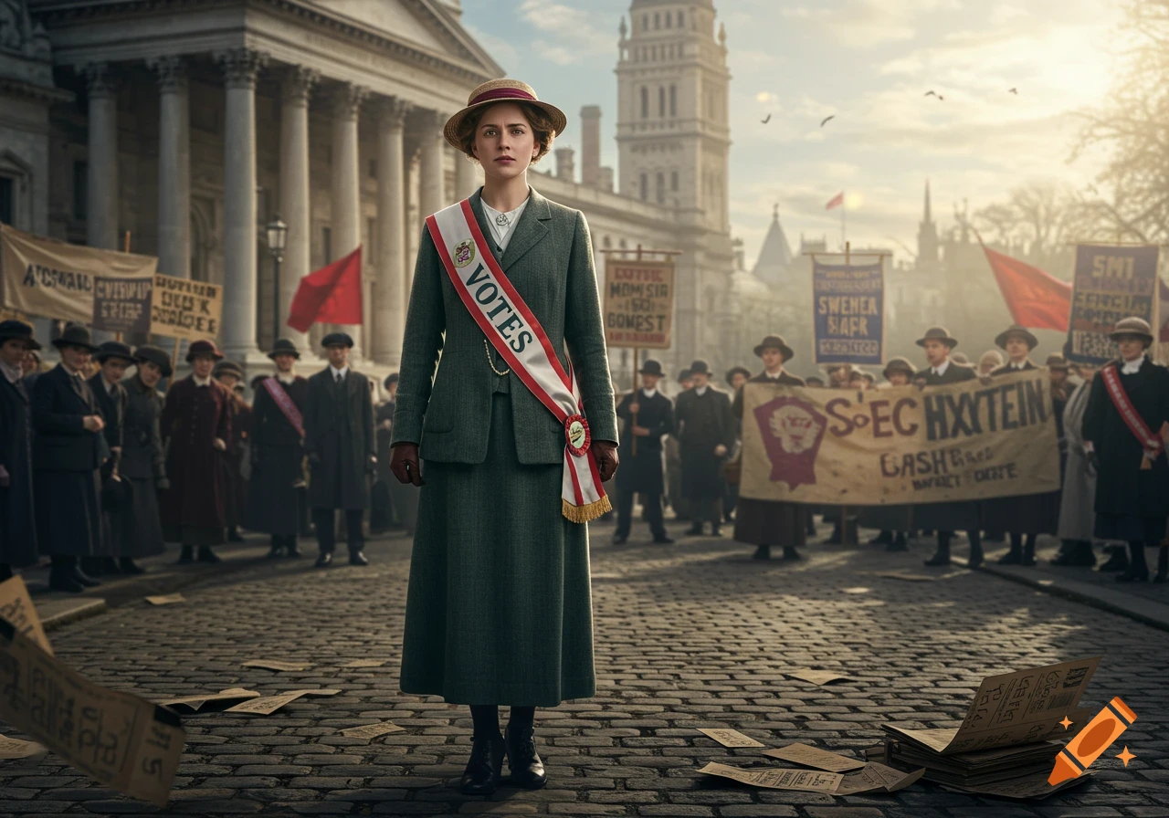 A photorealistic image of a suffragette in a green suit and hat, wearing a 'VOTES' sash, standing on a cobbled street amidst a crowd of protesters and historical buildings.