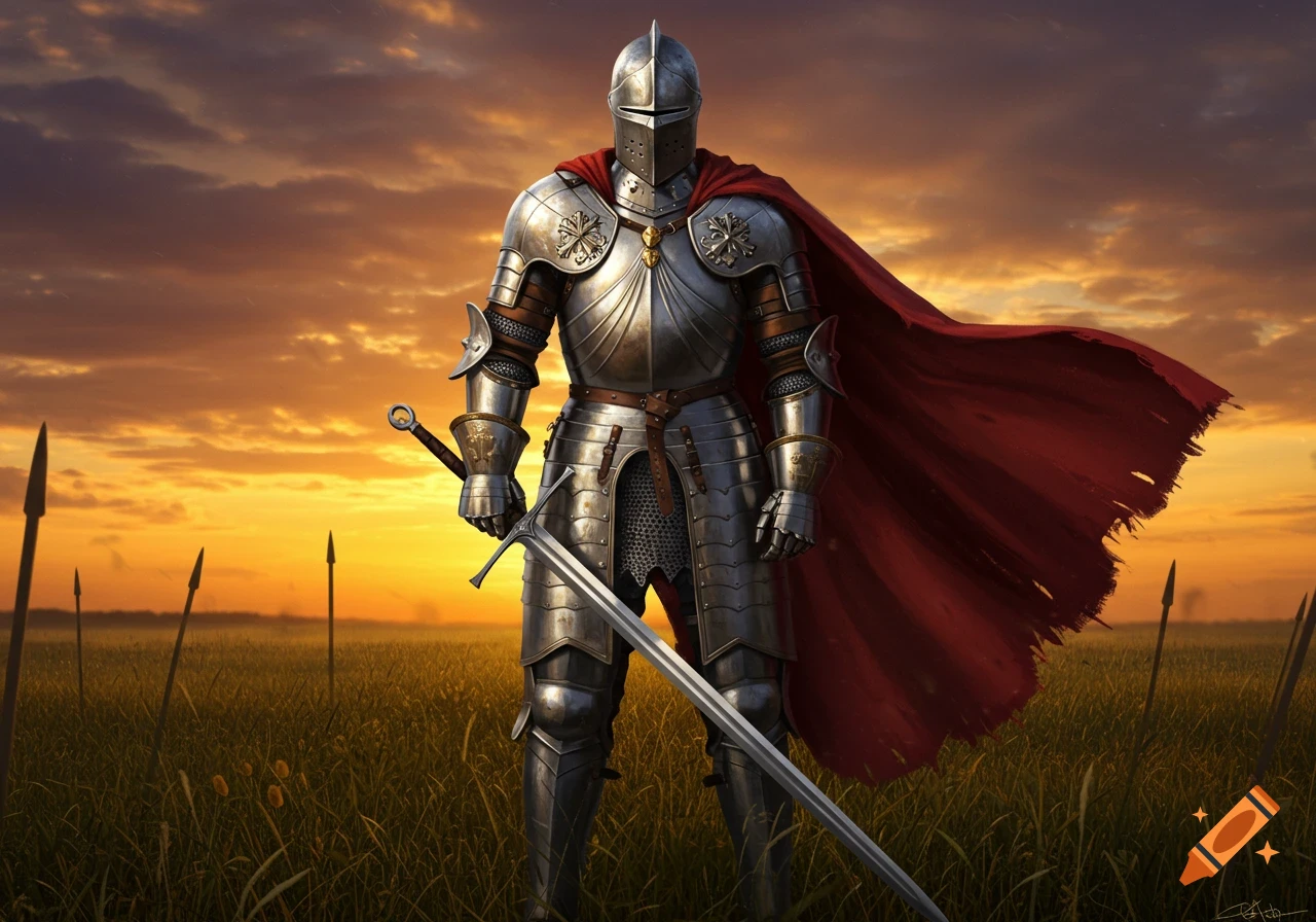 A realistic knight in full plate armor holds a large sword, standing in a grassy field against a vibrant sunset sky. Digital art.