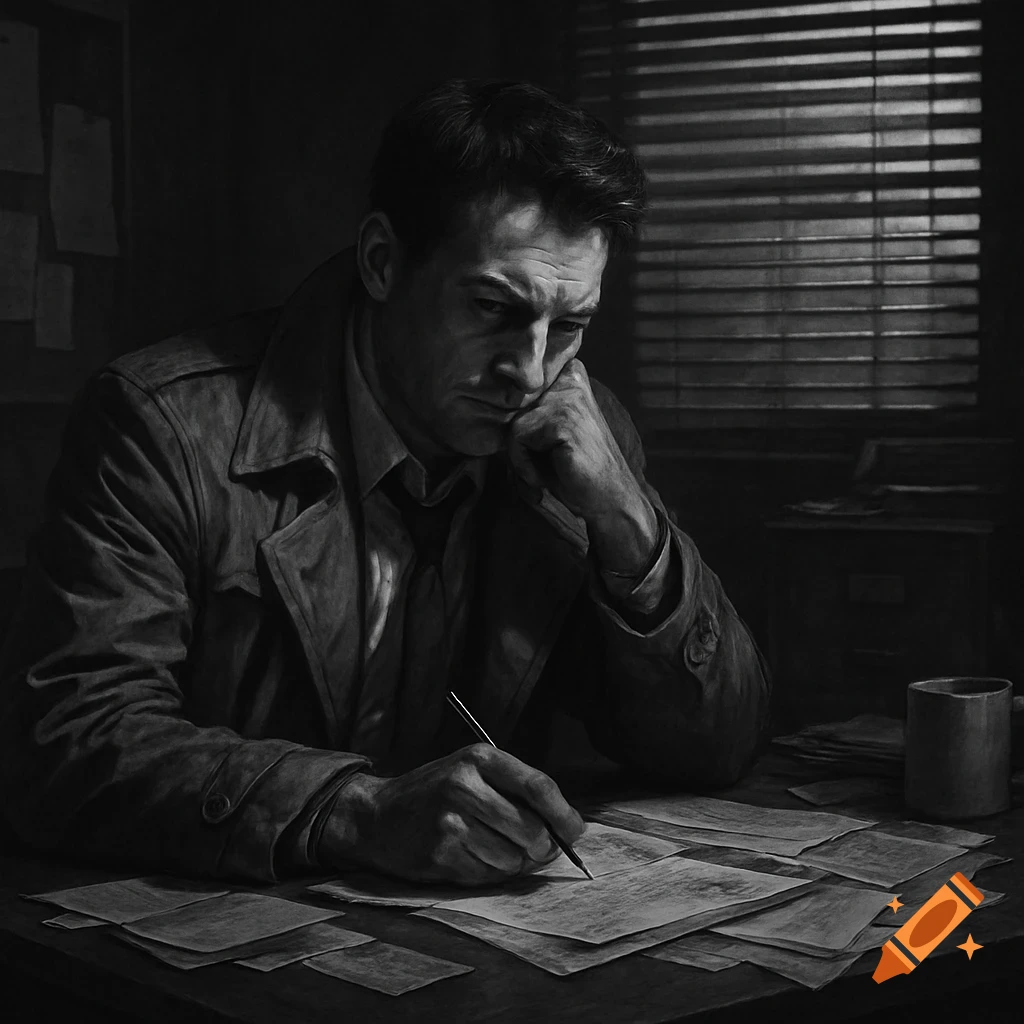 A man in a trench coat intently writes at a cluttered desk in a dark, noir-style office, with blinds creating shadows.