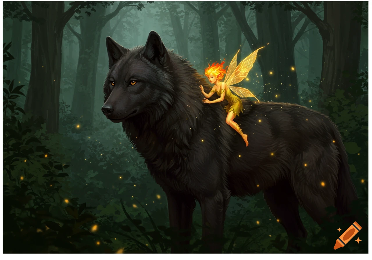 A fiery-haired pixie rides a black wolf through a dark, magical forest with glowing lights, digital art.