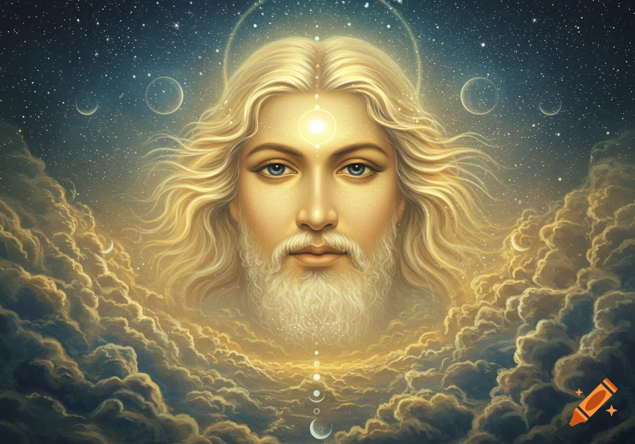 Divine figure with long blonde hair and beard, glowing in a celestial sky with clouds, stars, and crescent moons.