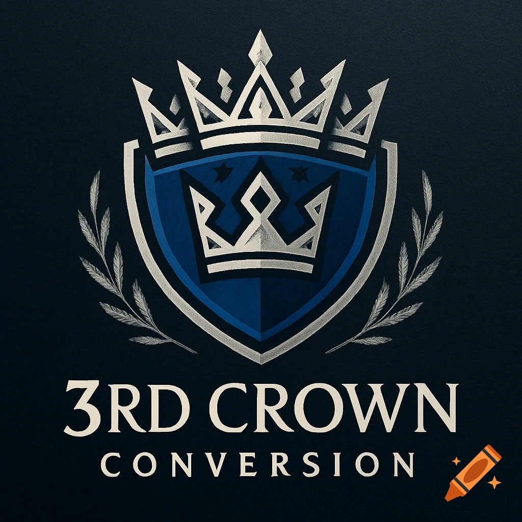 A digital art logo featuring a blue and silver shield with three crowns, a laurel wreath, and the text '3RD CROWN CONVERSION'.
