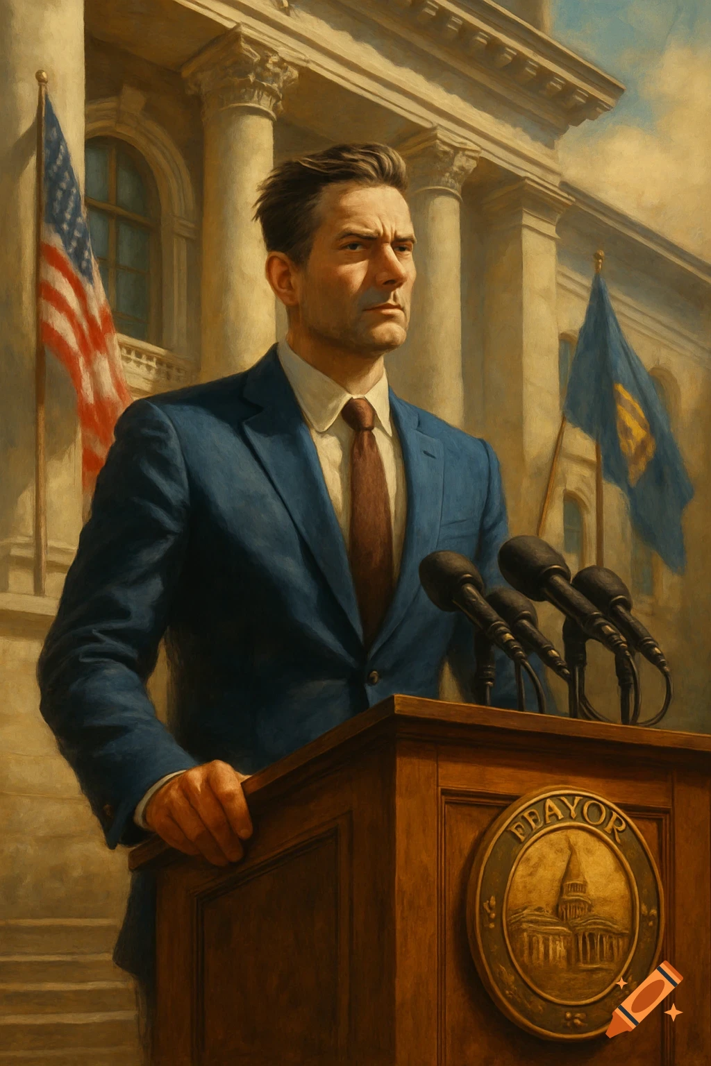 A serious-looking man in a blue suit and tie stands at a podium with microphones in front of a government building and flags, in a painterly style.