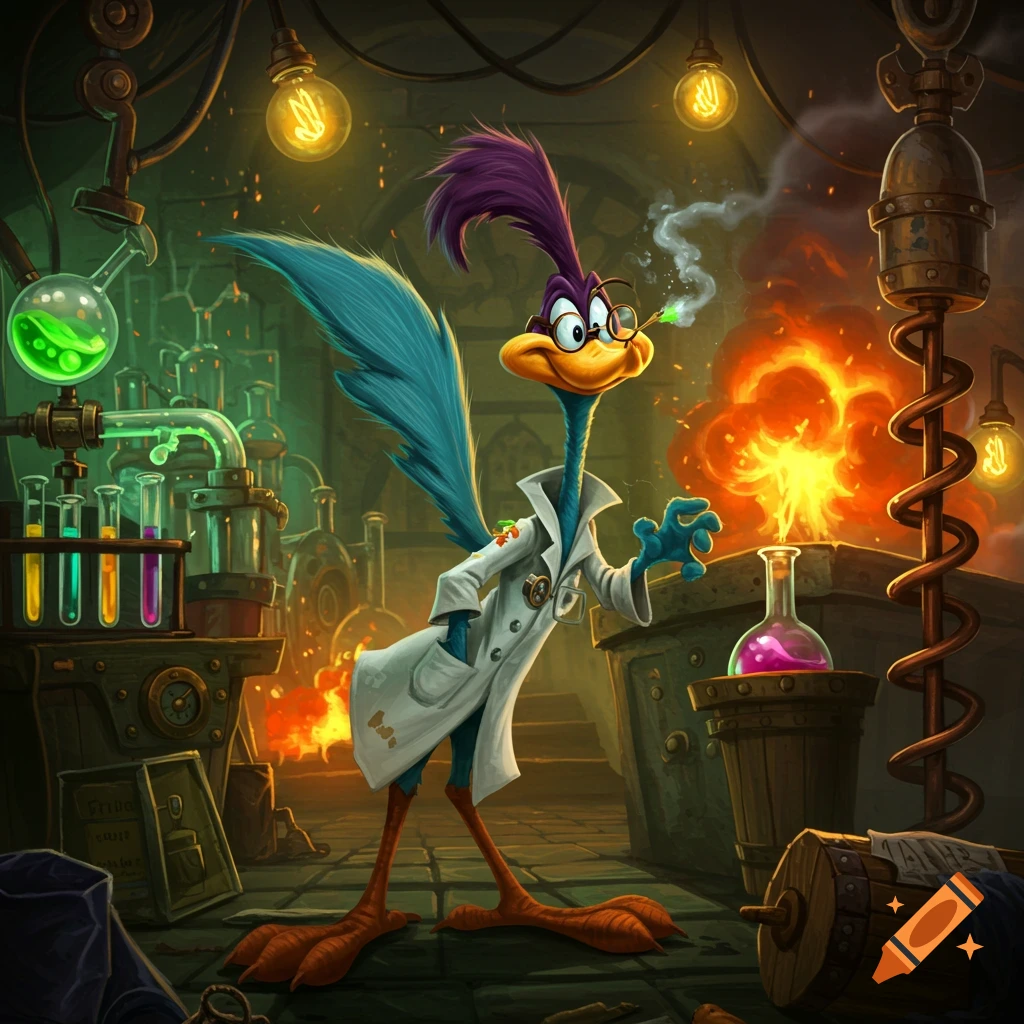 A cartoon Road Runner, wearing a lab coat and glasses, stands in a chaotic mad scientist's laboratory filled with glowing beakers and explosions.
