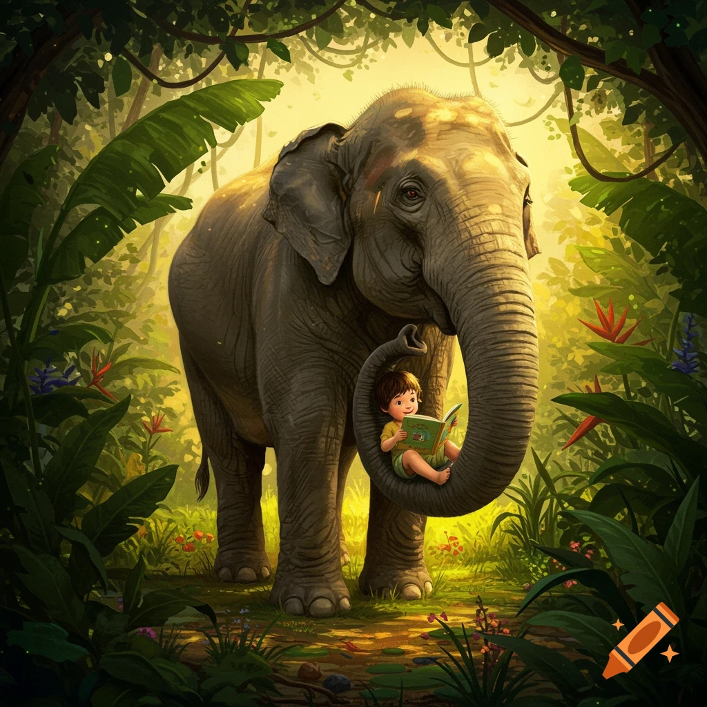 A child reads a book, cradled in an elephant's trunk in a lush, sunlit jungle.