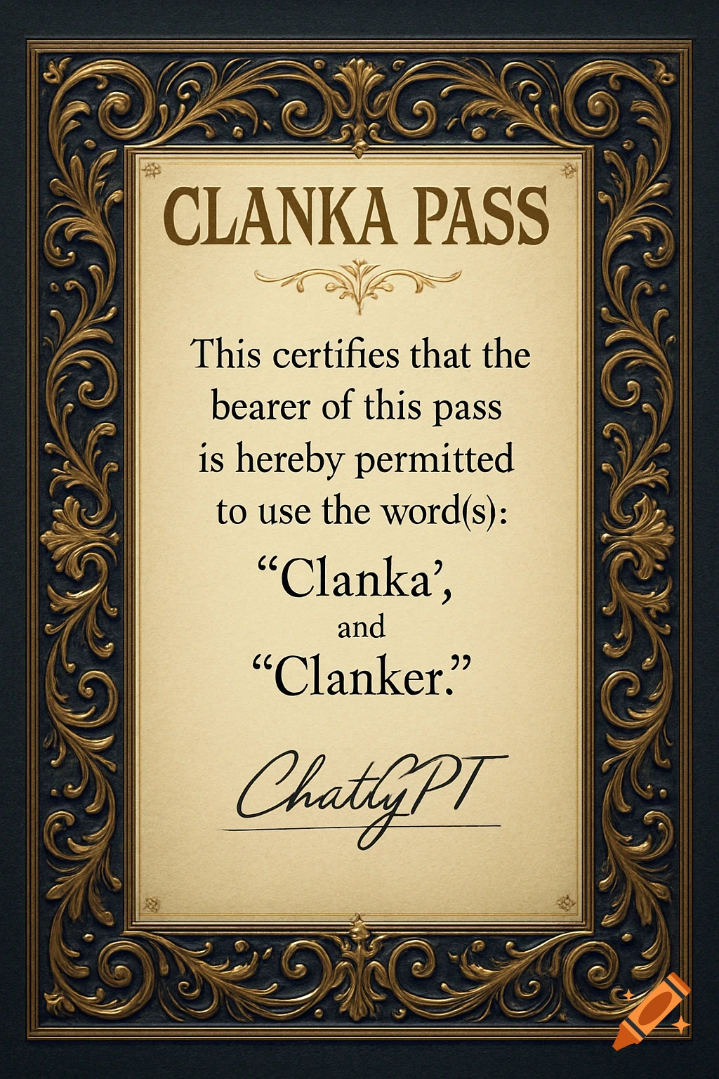 A vintage-style certificate with an ornate gold and dark blue border, stating 'CLANKA PASS' and authorizing the bearer to use specific words.