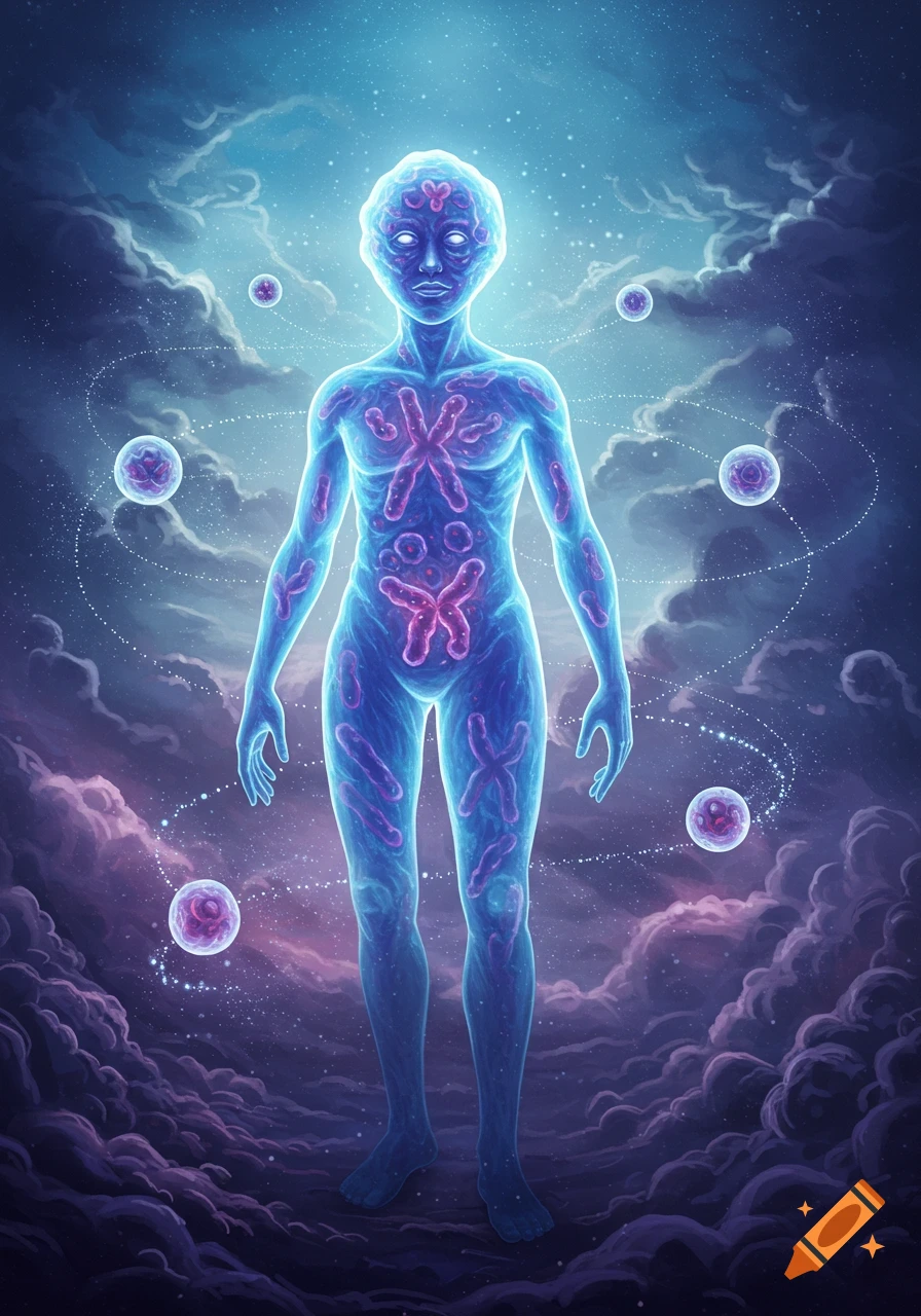 A glowing, blue, translucent human-like figure, filled with purple chromosome-like structures, floats amidst cosmic clouds and swirling orbs.