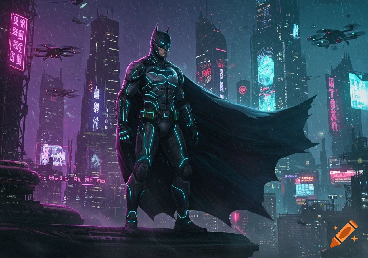 Batman in a glowing blue and black suit stands on a rooftop overlooking a neon-lit, rain-soaked cyberpunk city with flying drones.