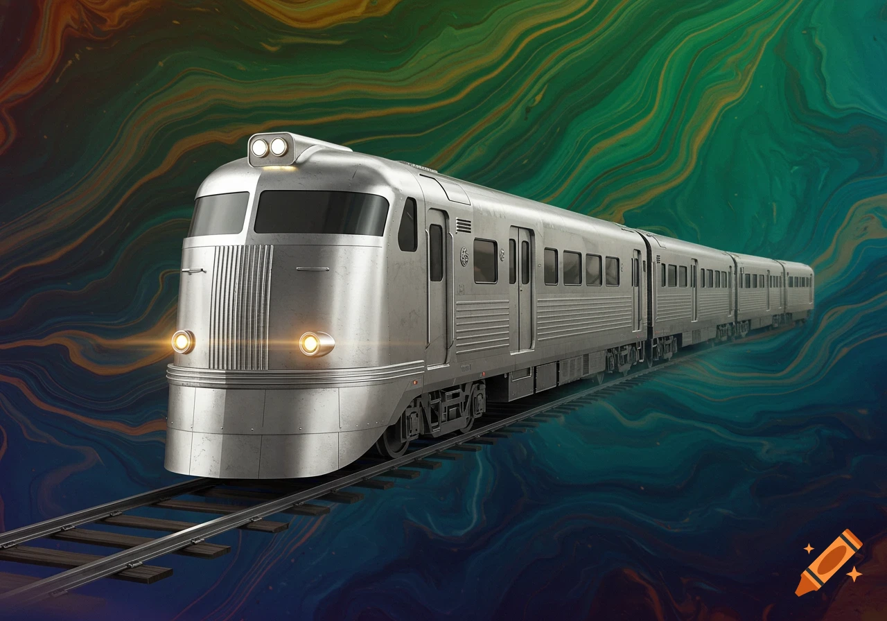 A sleek silver Art Deco train with glowing headlights on tracks, set against a vibrant swirling background of green, orange, and blue.