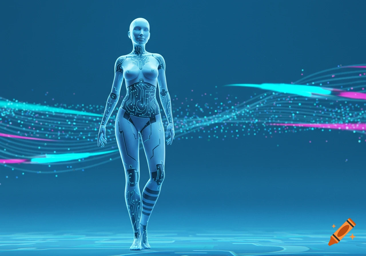 A futuristic female robot with circuit patterns on her body stands against a blue digital background with glowing light trails.